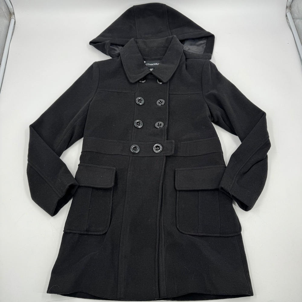 Rothschild Girls Black Double Breasted Hooded Wool Blend Coat Size 14 16